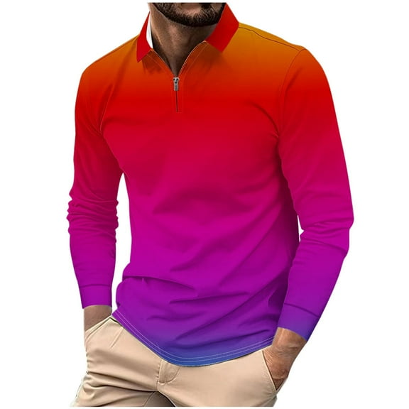 ZCFZJW Mens Long Sleeve Polo Shirts Casual 1/4 Zipper Tie Dye Gradient Printed Athletic Golf Tennis T-Shirt Tops Lapel Collar V Neck Graphic Tees Shirt Hot Pink XL