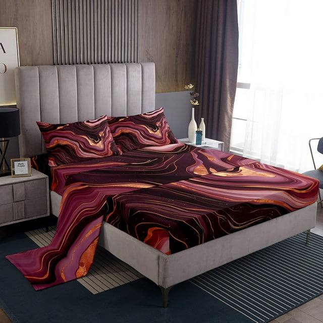 Ensemble de Draps en Marbre Grand Lit Rouge Marbrure Dorée Draps pour Enfants Garçons Filles Ados Motif Pierre Draps Fluides Ensemble de Draps Art Rétro Abstrait Drap Plat