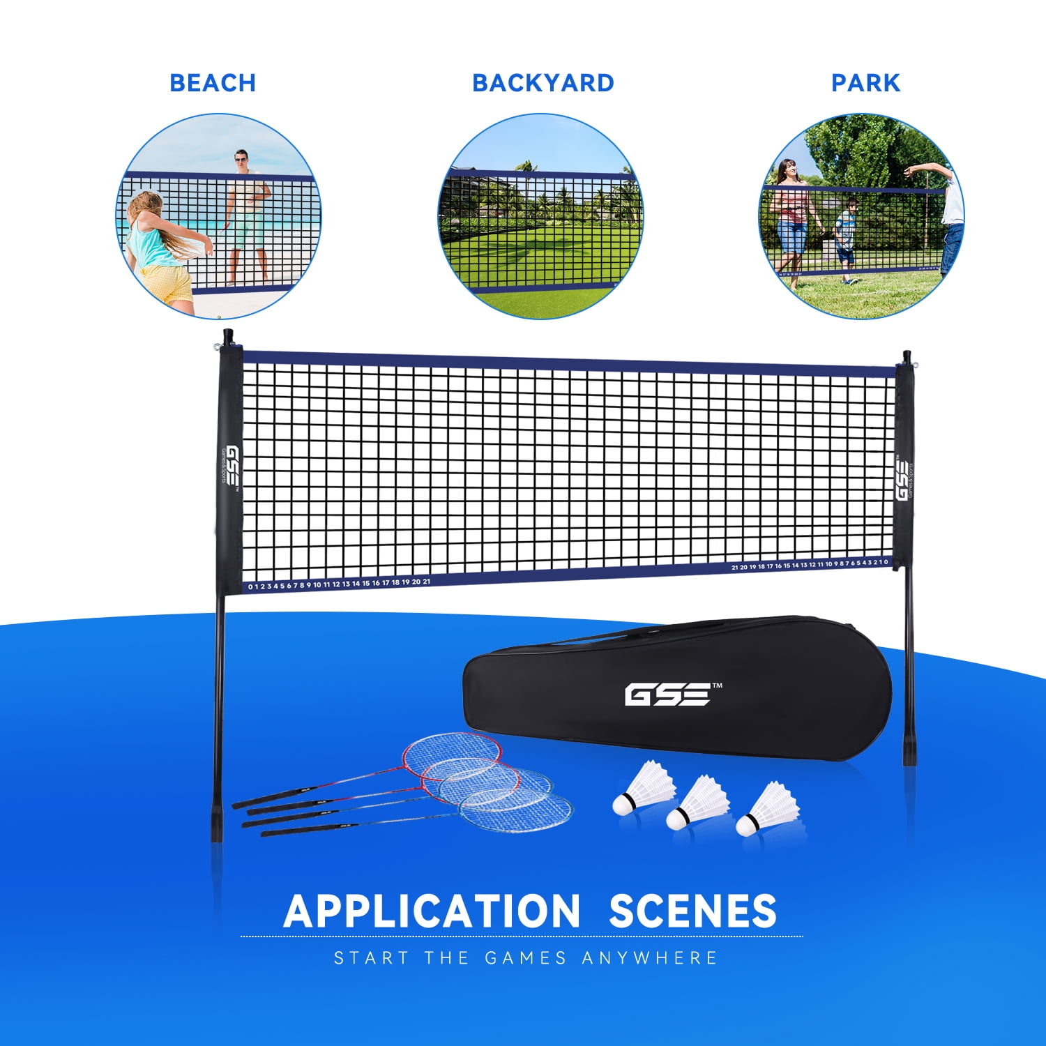 GSE Games & Sports Expert Recreational Badminton Complete Set with Portable Badminton Net, 4 Badminton Rackets, 3 Shuttlecocks & Carrying Bag