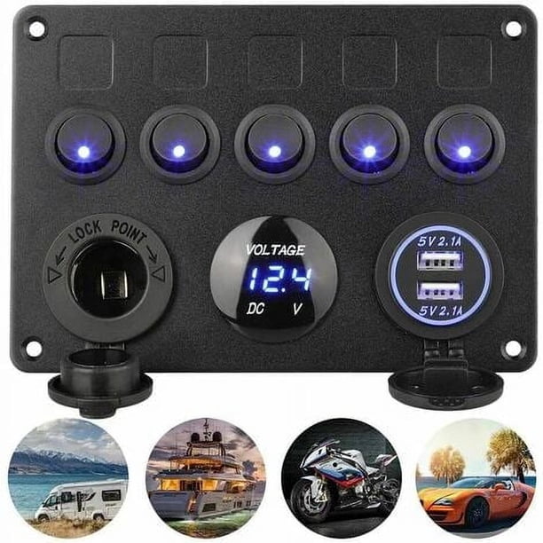 Panel de interruptor basculante Panel eléctrico Barco Coche Impermeable 5 Gang Panel de interruptor basculante doble USB Dc 12V/24V LED Camión Remolque Vehículos marinos SUV Autocaravana