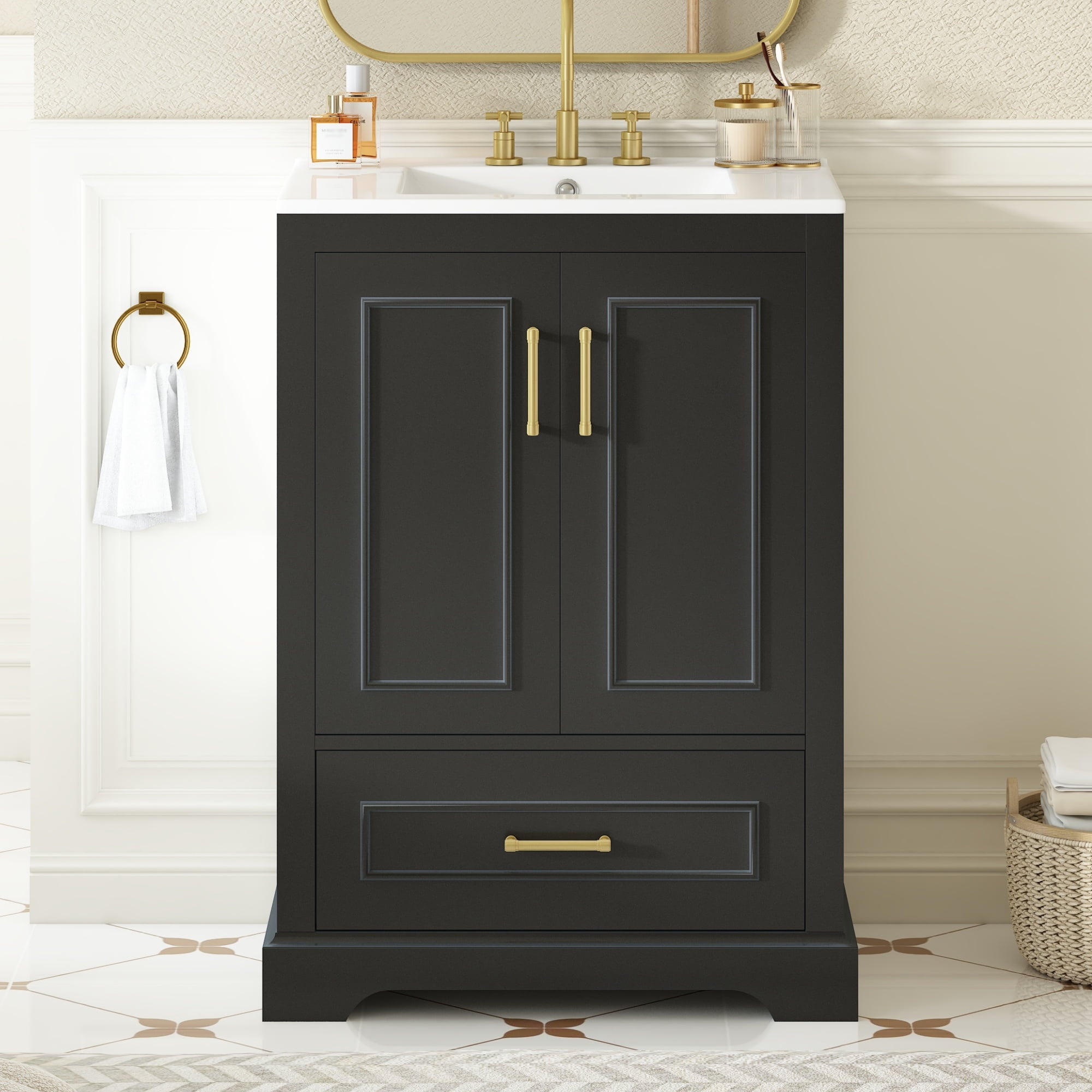 24" Durable Solid Wood Frame Bathroom Vanity with Storage, Modern Minimalist Bathroom Vanity with Ceramic Sink, Freestanding Storage Cabinet with Soft Close Doors for Bathroom Organization, Black