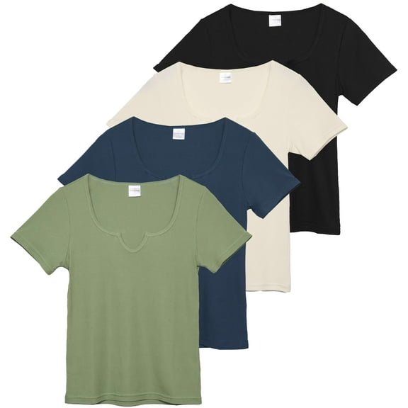 Real Essentials 4 Pack: Women's Soft Ribbed Knit Split Neck T-Shirt - Casual Office Summer Top (Available In Plus)