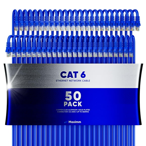 Maximm Cat 6 Ethernet Cable 2 ft (50-Pack) - High-Speed LAN Cable, Internet Cable, Patch Cable, and Network Cable - UTP, 10Gbps, 550MHz Ethernet Cord - Blue