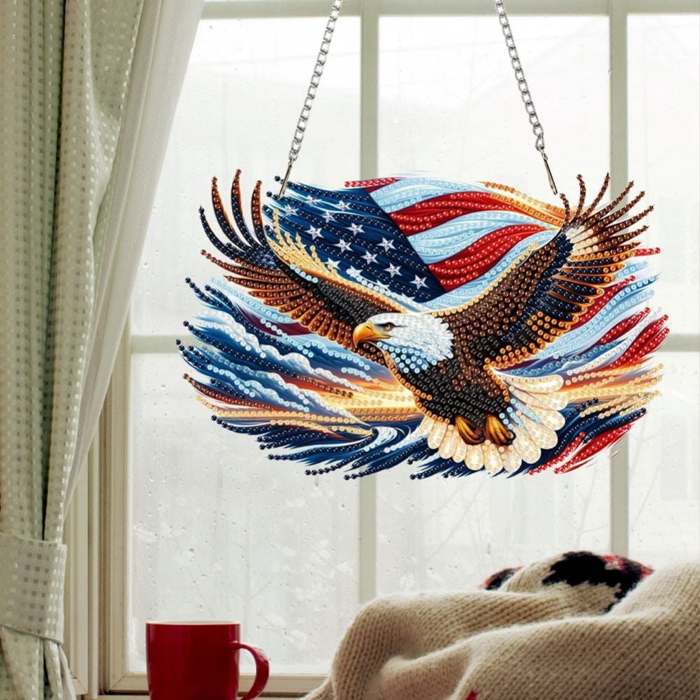 FLOPESN 2PCS DIY Diamond Art Painting American Independence Day Creative，9.84*9.84in Eagle  Design, Acrylic Material Irregular Shape Home Decoration Pendant