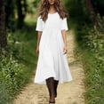 thumbnail image 2 of BUIGTTKLOP Cotton Linne Dresses for Women Short Sleeve Crewneck Midi Dress A Line Pleated Casual Flowy Sundresses, 2 of 6
