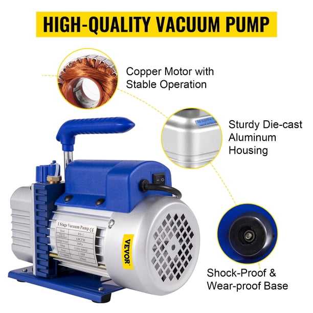 Bomba de vacío VEVOR 4.8CFM 1/4 HP Kit de refrigeración HVAC A/C de una sola etapa 5PA Ultimate Juego de manómetros de vacío R410A R134A R22 HVAC AC