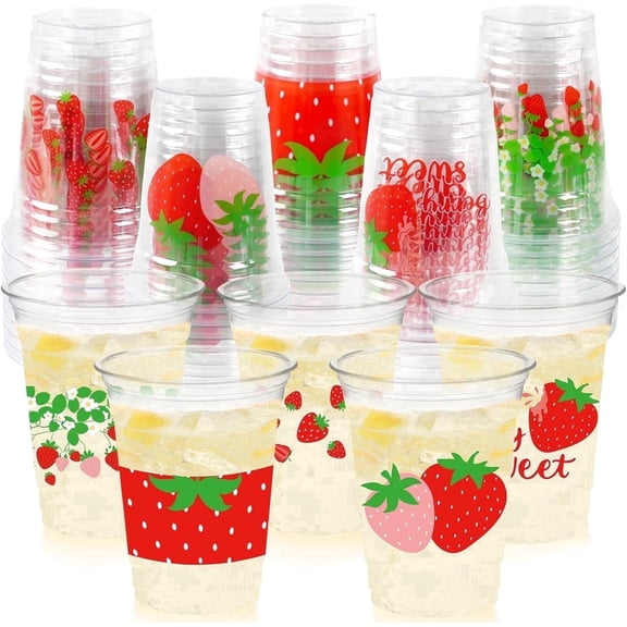 50Pcs Strawberry Party Decoration Cups, 12 OZ Disposable Plastic Strawberry Cups for Berry First Birthday Party Decor Supplies