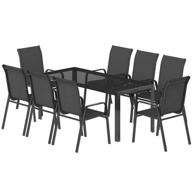 9-Piece Outdoor Dining Set with Tempered Glass Table & 8 Stackable Mesh Chairs, Weather-Resistant Powder-Coated Steel Patio Furniture for Garden, Backyard or BBQ, Black