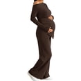 thumbnail image 5 of Gyujnb Asymmetrical Neck Long Sleeve Nursing Maternity Set Solid Soft Knit Full Over Belly Straight Wide Leg Pants 2 Piece Matching Outfit Postpartum Daily Pregnancy Loungewear,S, 5 of 9