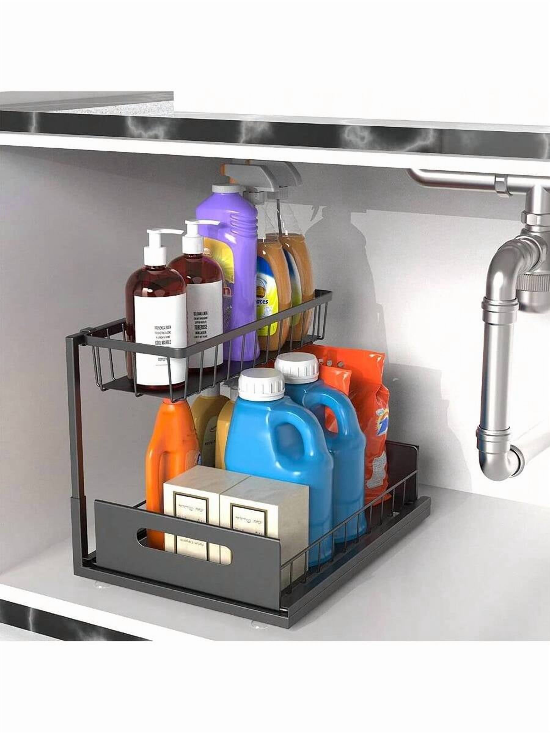 2 Tier Slide Out Kitchen Cabinet Organizer, Sturdy Metal Under Sink Storage Drawer, Pull Out Shelves for Bathroom Vanity, Pantry, and Home Office Organization