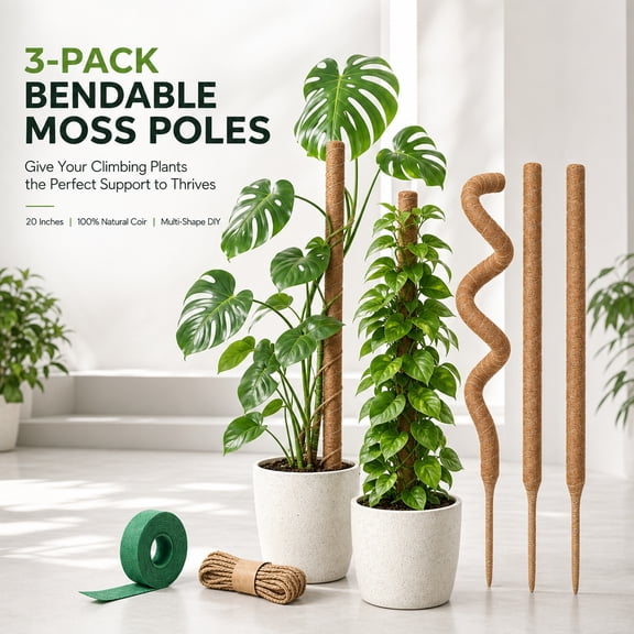 Asunby Moss Pole Monstera Plant Support – 3Pack 20” Bendable Moss Pole Monstera Plant Support, Plant Stakes for Indoor Plants, Tall Plant Sticks Support for Climbing Plants