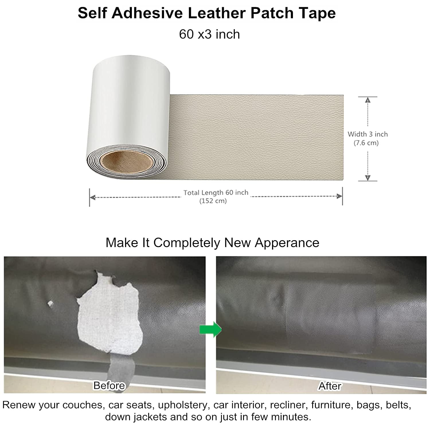 Leather and Vinyl Repair Tape 3x60 inch, Strong Adhesion Backing Self Adhesive Vinyl and Leather Repair Kit for Car Seat, Couch, Furniture, Jacket. Bonded Leather Repair Roll