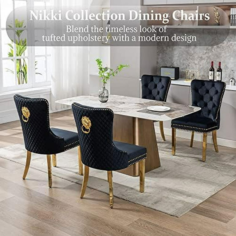 HBBOOMLIFE Dining Chairs Set of 2 Velvet Dining Room Chair Gold Metal Legs Luxury Tufted Back Rhomboid Pattern Lion Head Pull Ring Nailhead Trim