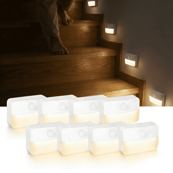 8 Pack Motion Sensor Stair Lights, Battery Operated Hallway Lights, Wireless Sensor Night Lights for Bedroom Cabinet Hallway