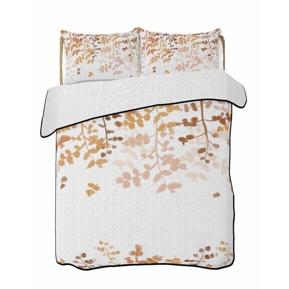 Quilts Queen Size Bedding Set, Yellow Leaves Reversible Summer Quilt 3 Pieces, Summer Botanical Lightweight Bedspreads Coverlets with 2 Pillow Shams for All Seasons