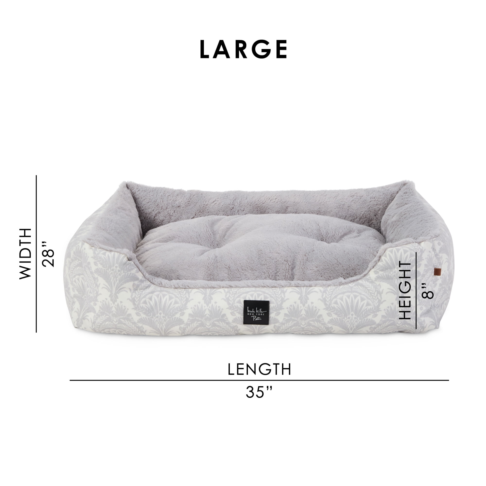 NICOLE MILLER NEW YORK PET Mod Damask Plushy Bolster Pet Bed, Cozy & Calming, Water Repellent, Non-Slip Bottom, 100% Machine Washable, Grey, Large 35"x28"x8"