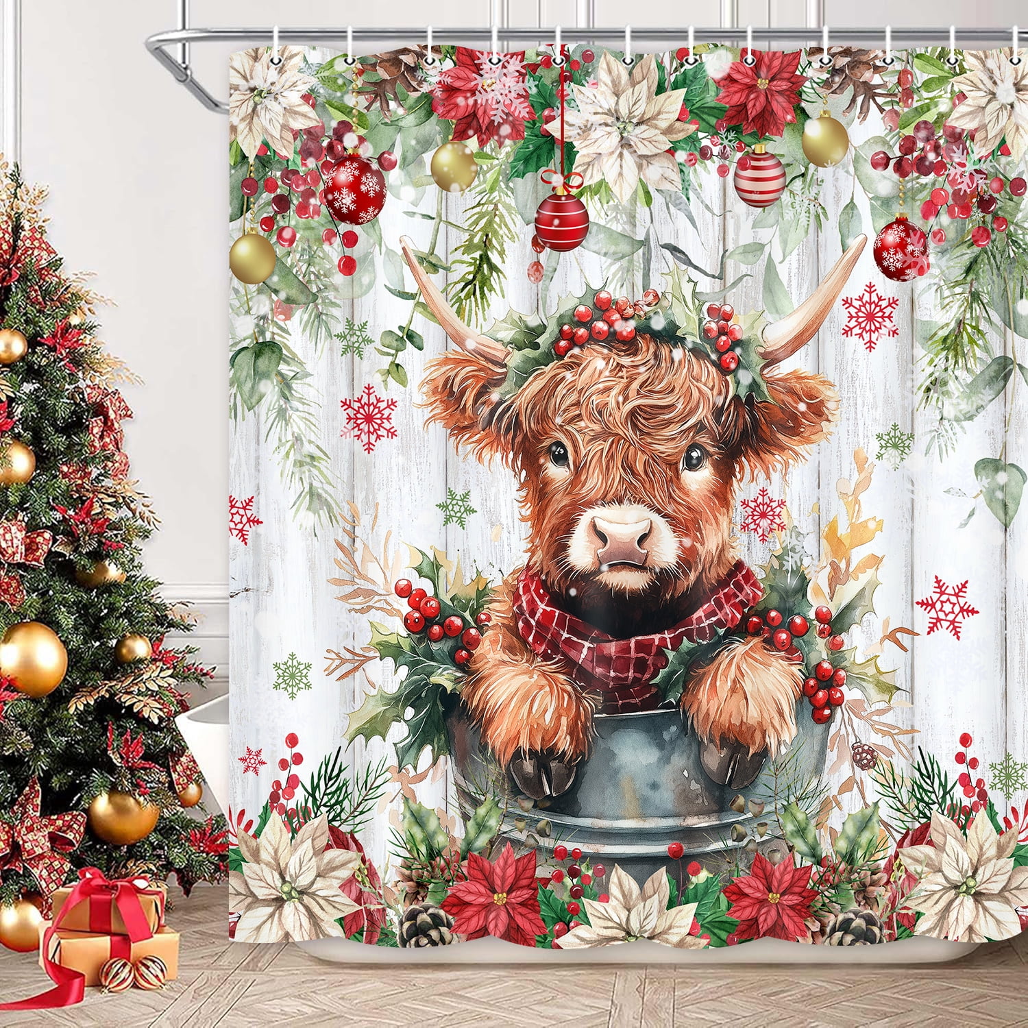 Christmas Highland Cow Shower Curtain, Winter Farmhouse Eucalyptus Leaves Floral Funny Animals Cute Cow Bath Curtain, Western Rustic Cute Wood Home Fabric Shower Curtain Sets with Hooks, 72X72in