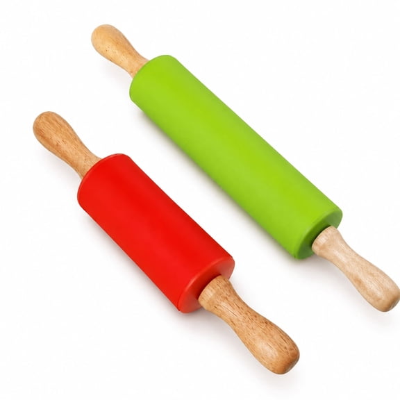 2 Pack 12/9in Non-Stick Silicone Rolling Pins for Bake,Dough Roller for Pizza,Cookie with Wooden Handle,Nonstick Surface,2 Sizes(Green/Red)
