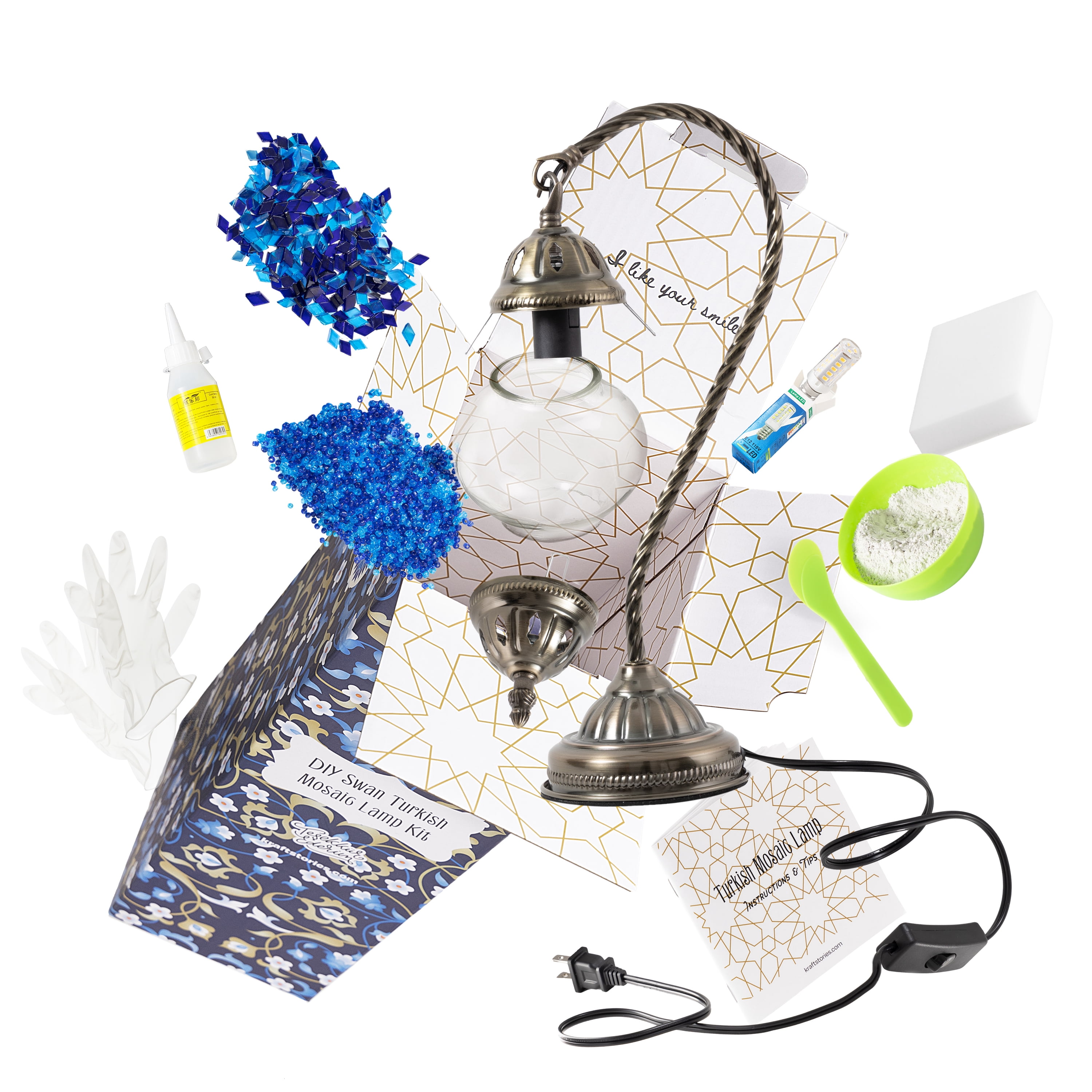 KRAFTSTORIES Turkish Mosaic Swan Neck Lamp Making Kit| DIY Colorful Glass Decorative Nightstand Table Light| Craft Kit |Make Your Own Lamp | Living Room Bedroom | Antique Bronze Base (Blue)