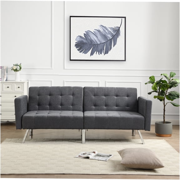 JERFIT Convertible Sofa Bed Loveseat Sleeper with 3 Adjustable Positions, Split Back Design, Dark Gray Linen Fabric for Small Space Living Room, Apartment