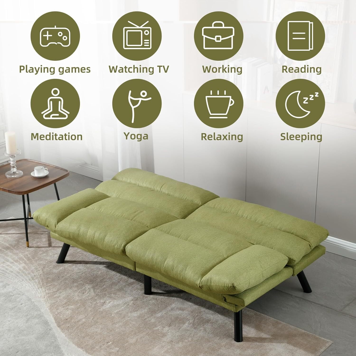 AENKYO Futon Loveseat Sofa Bed 2-Seater, Adjustable Backrest Convertible Sleeper - Green