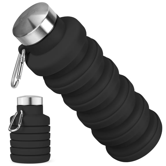 Collapsible Water Bottles 16oz, Reuseable BPA Free Silicone Foldable Water Bottles with Carabiner for Travel Camping Hiking - Black