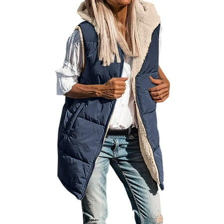 ZHOUCHANKIDS Womens Long Puffer Vest Fall Sleeveless Fleece Vest Reversible Vests Zip Up Winter Coat Fleece Jacket Long Hoodie Navy XXL