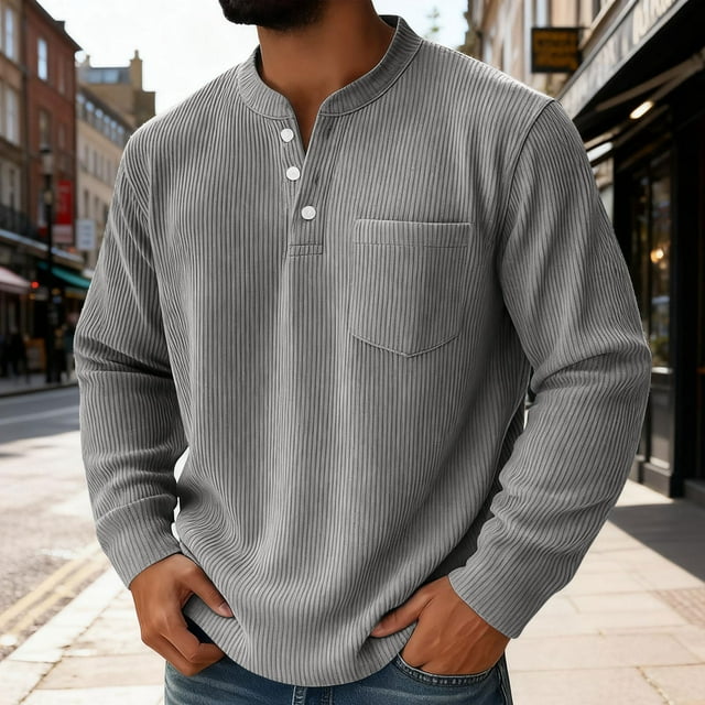 Ceisia Men's Spring Gift Casual Solid Color Button-Up Round Neck Long Sleeve Shirt - Comfortable Daily Outdoor Wear