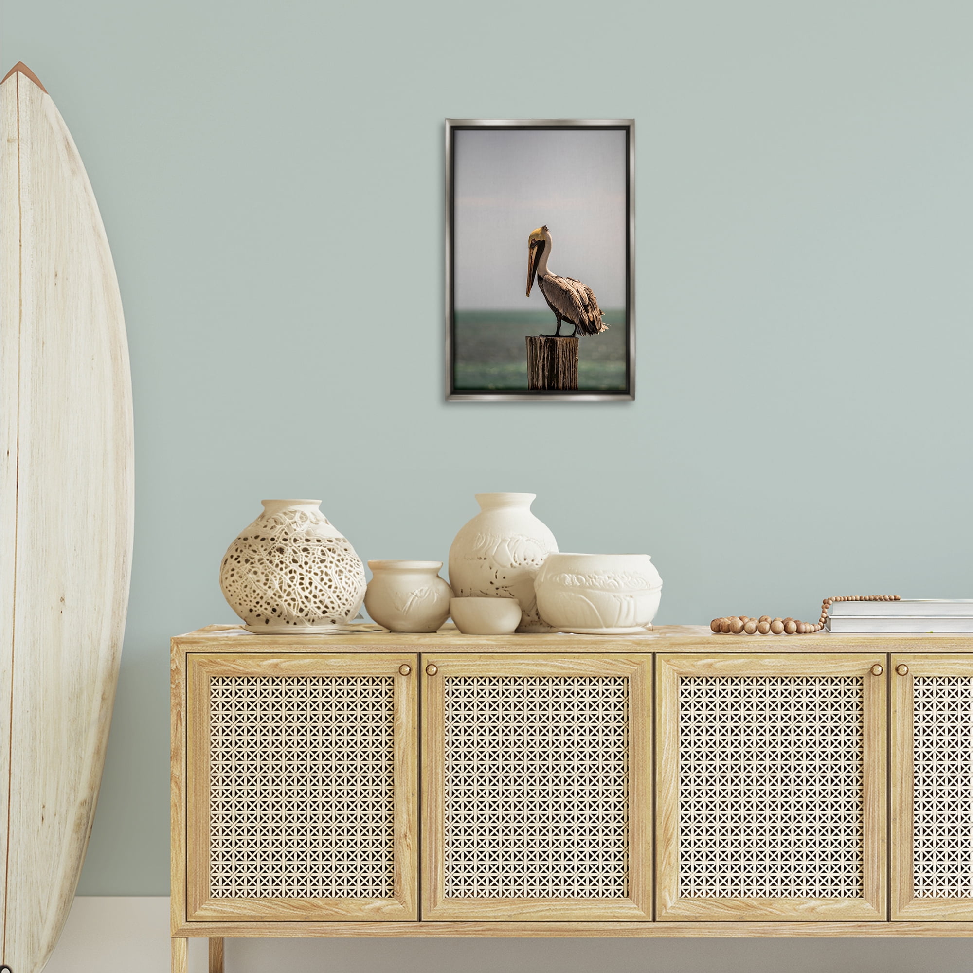 Stupell Industries Nautical Landscape Pelican Animals Photography Gray Floater Framed Canvas Art Print Wall Art, 17 x 25