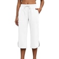 thumbnail image 3 of Floleo Women's solid cropped pants with elastic drawstring waist side pockets and side slits for summer casual daily wear relaxed fit capri trousers, 3 of 7