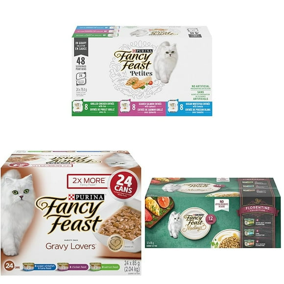 Fancy Feast Wet Cat Food, Petites in Gravy Collection & Fancy Feast Wet Cat Food, Gravy Lovers Variety Pack 85 g & Fancy Feast Wet Cat Food, Elegant Medleys Florentine