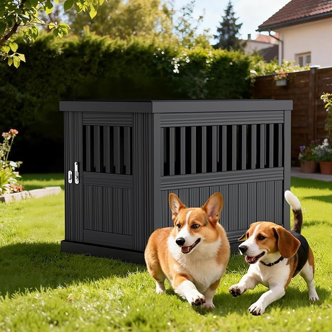 YOSADIER Indoor/Outdoor Dog House, Waterproof Durable Plastic with Locking Door, Ventilation and Raised Floor Design, Easy Assembly, Suitable for Small to Medium Dogs, Black