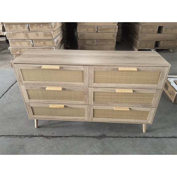Rattan 6 Drawers Chest of Dressers for Bedroom, Modern 6 Drawer Dresser, Wide Chest of Drawers with wood Handles, Rattan Dresser Storage Cabinet for Living Room, Bedroom, Hallway
