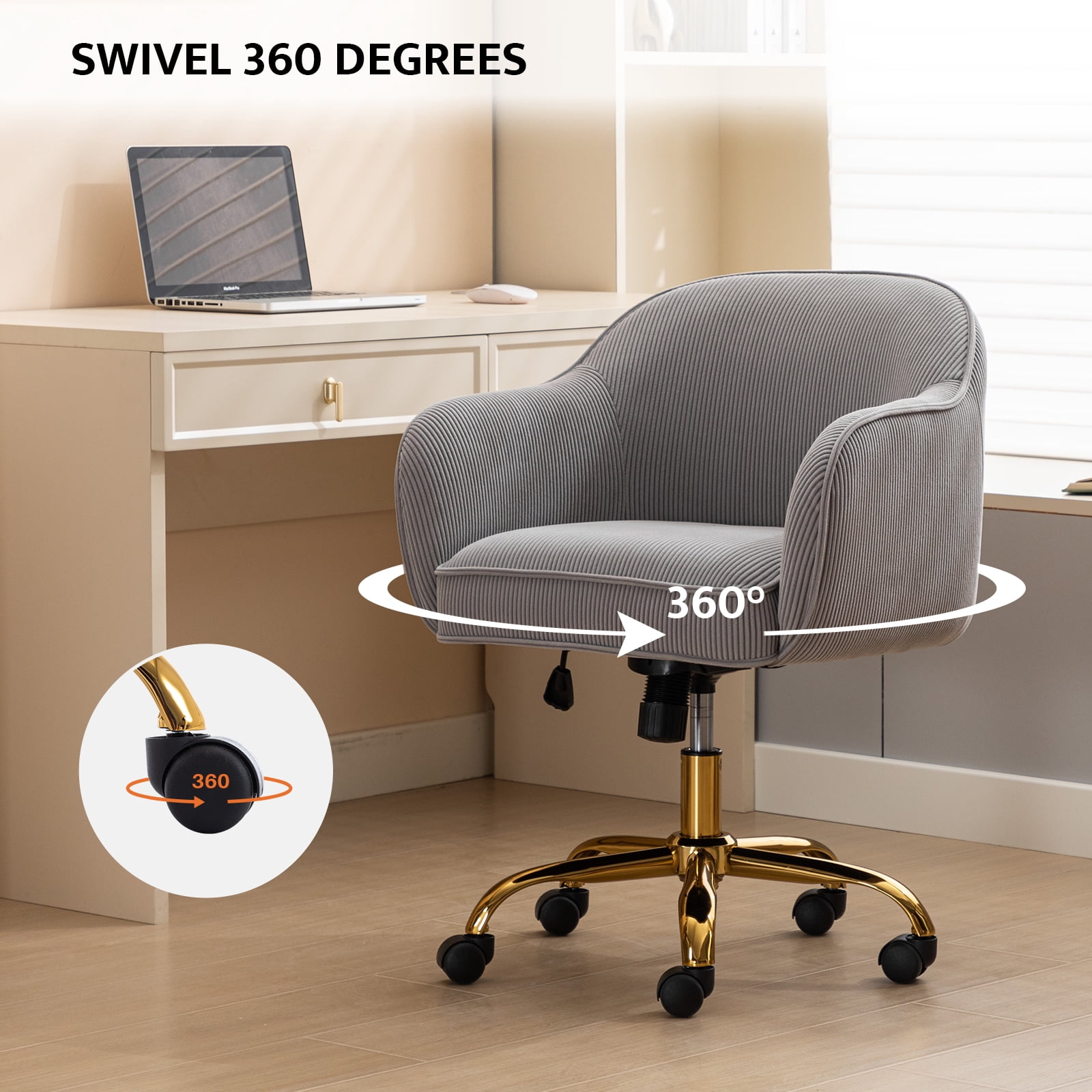 BRILHAMEZ Velvet Office Chair, Ergonomic Desk Chair with Adjustable Height, 360° Swivel, Padded Armrests for Home Office, Gray