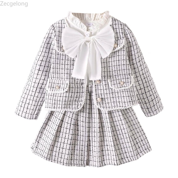 Zecgelong Girls Plaid Bow Tie Blouse With Pleated Skirt Classic Preppy Style Two Piece Outfit For School Photo Day And Girls Outfits Sets Age 2-3 Years