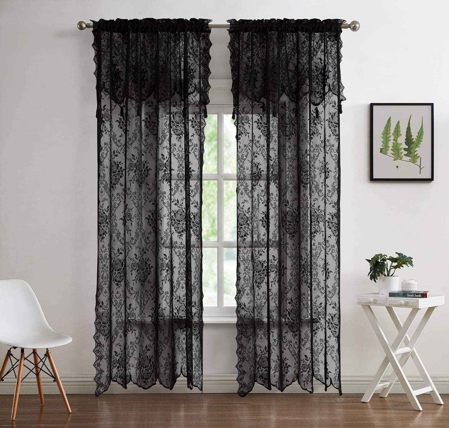 Warm Home Designs Pair of Standard Length 54” (W) 84” (L) Semi Sheer Black Lace Curtains. L Black 84