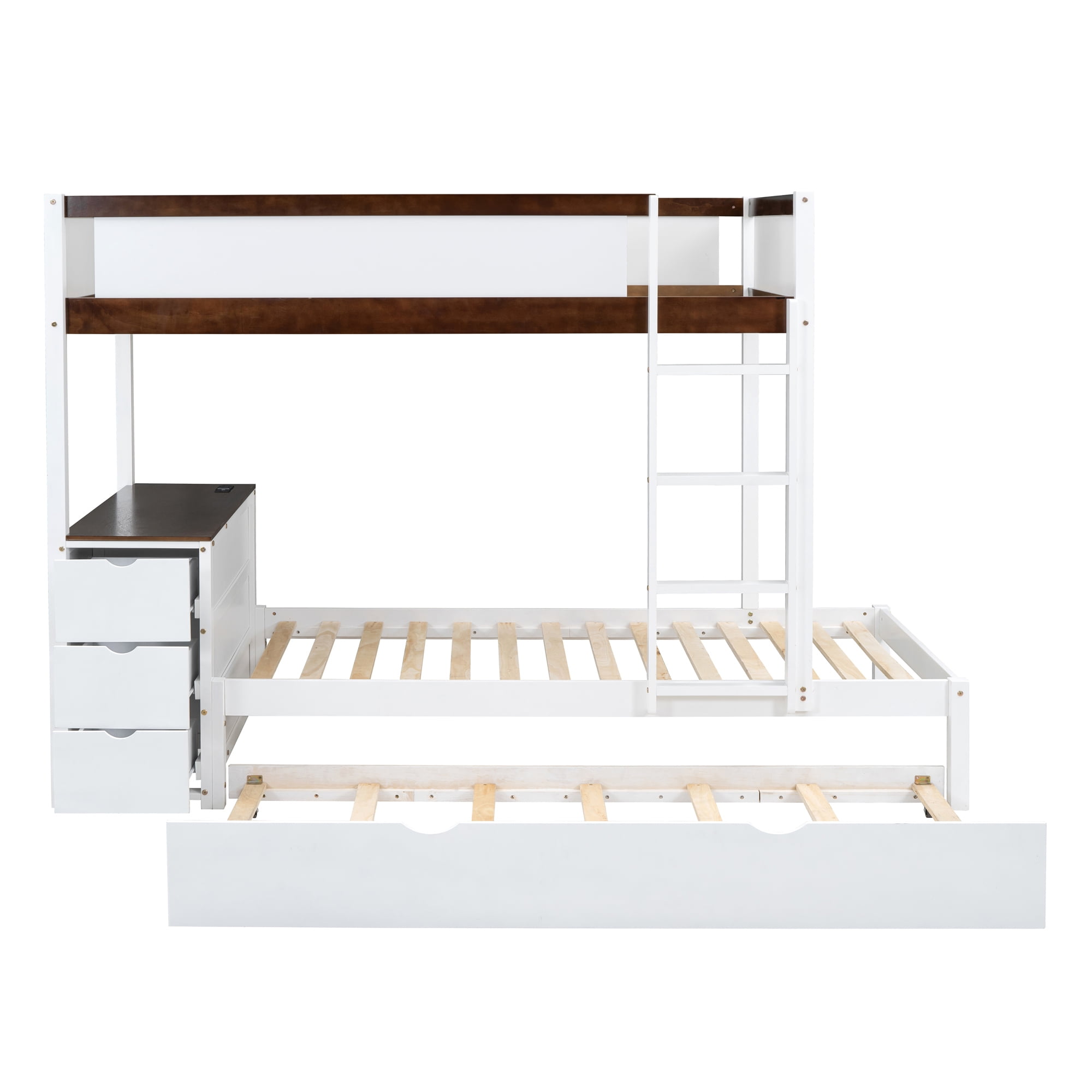 Twin over Twin Bunk Bed with Twin Size Trundle, 3 Storage Drawers and Desk, Solid Wood Kids Bunk Bed Frame with Ladder for Kids Teens Adults