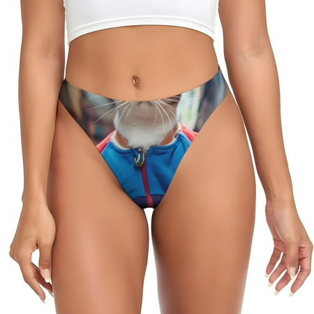 Qokaie Cool Cat In Sunglasses Printed Women s Cotton Thong Underwear  Sexy Breathable Panties G-string-Medium