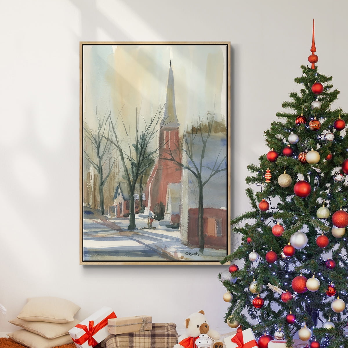 New England Main Street - Framed Gallery Wrapped Holiday Canvas - 17 x 25 - Natural Wood Frame