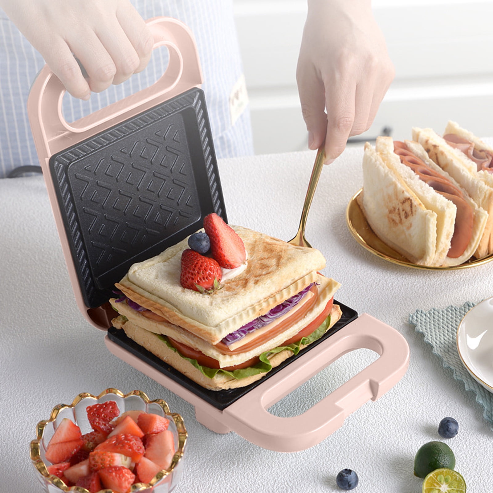 Compact Electric Sandwich Maker with Non-Stick Plates - 2-Slice Breakfast Toaster + Cake Pan, Mint Green Heat-Resistant Housing, for Small Kitchens & Dorms, Quick Meal Prep Appliance, Pink