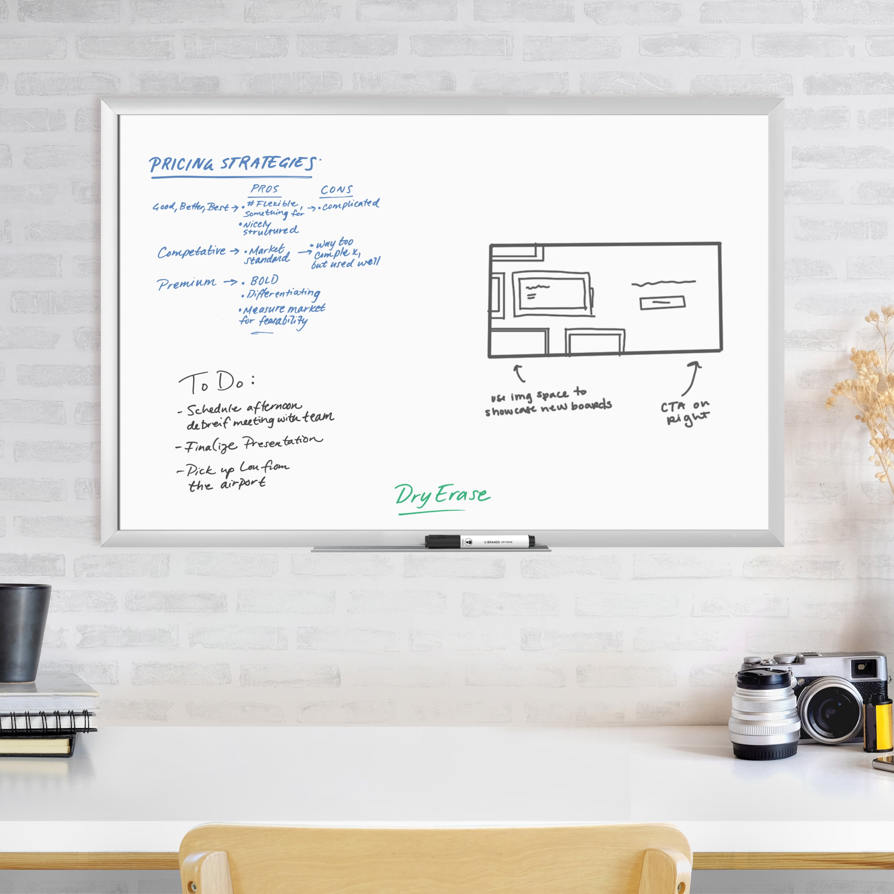 U Brands Melamine Non-Magnetic Dry-Erase Board, 36 X 24 Inches, Silver Aluminum Frame (031U00-01)