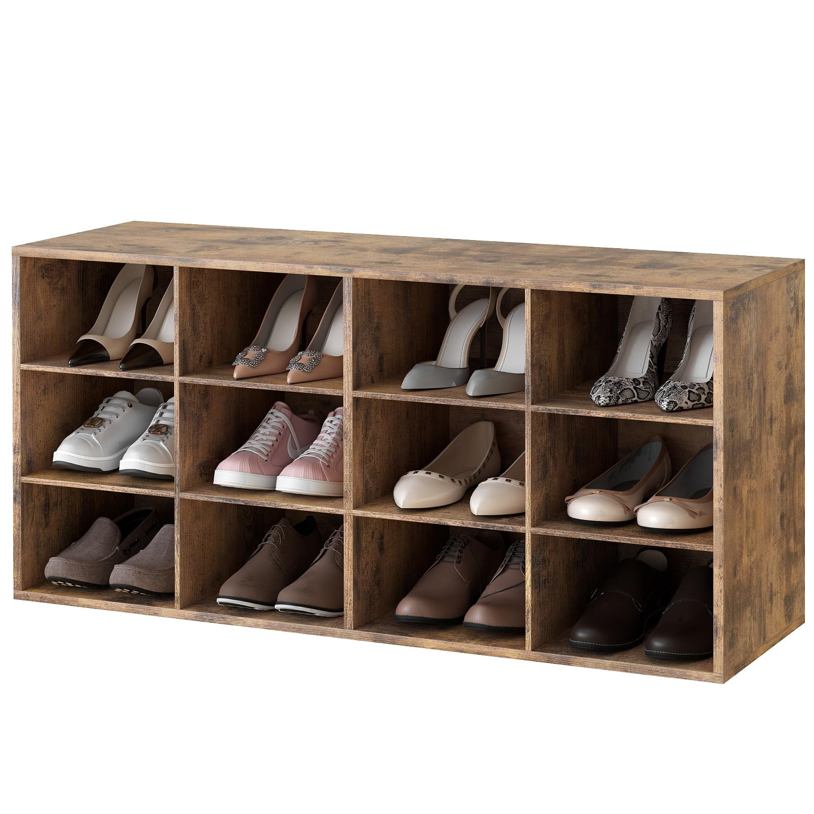 Shoe Storage Bench, Cubby Shoe Rack with 12 Cubbies, 3-Tier Wood Shoe Rack Organizer, Shoe Organizer Cabinet for Entryway, Hallway, Closet and Garage, Brown