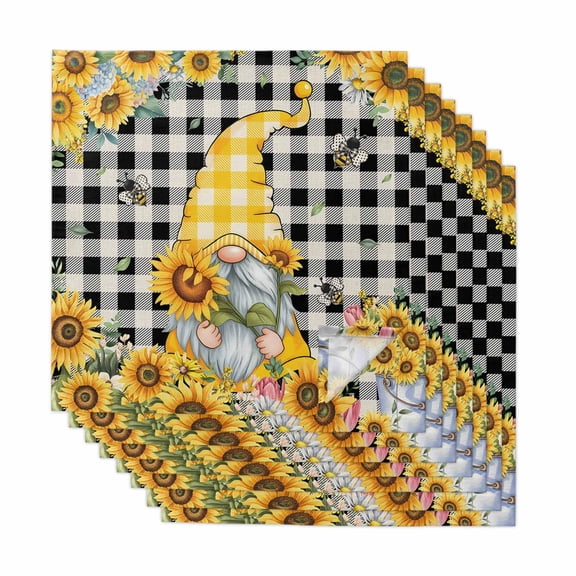 Gnomes Plaid Cloth Napkins, Yellow Sunflower Farmhouse Bee Black Check Washable and Reusable Dinner Napkins Set of 8, Table Napkin for Kitchen Party Birthday Wedding Hotel Housewarming 20"x20"