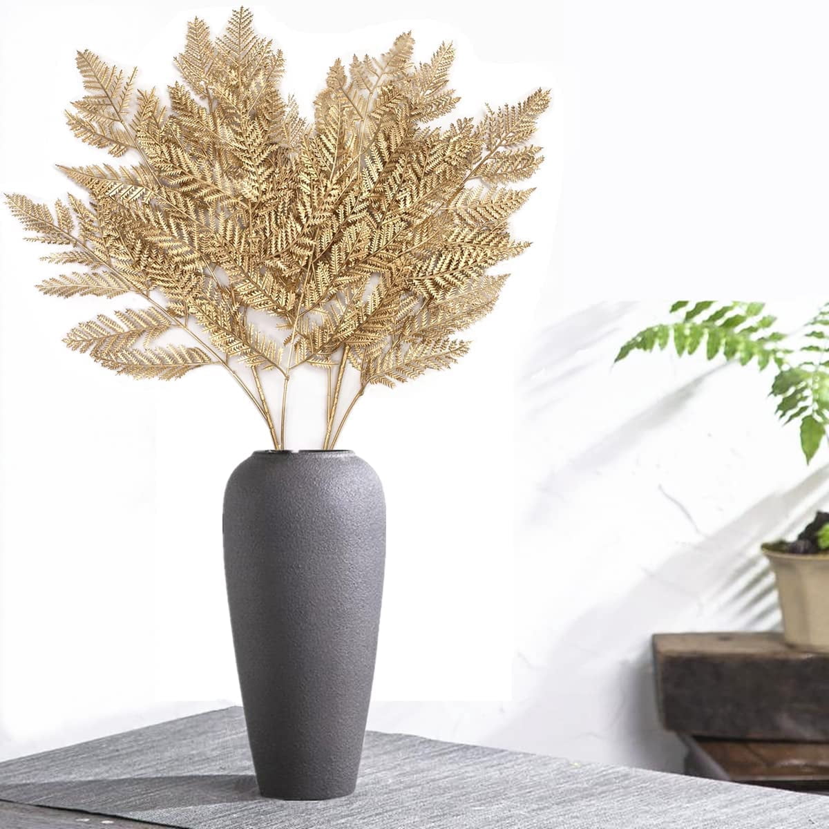 Artificial Plants for Christmas, Plastic Grass Faux Shrubs Fake Leaves Simulation Bushes Home Indoor Outdoor Garden Wedding Festival Decoration Hall Office Table Planter Filler – Gold 2 Pack