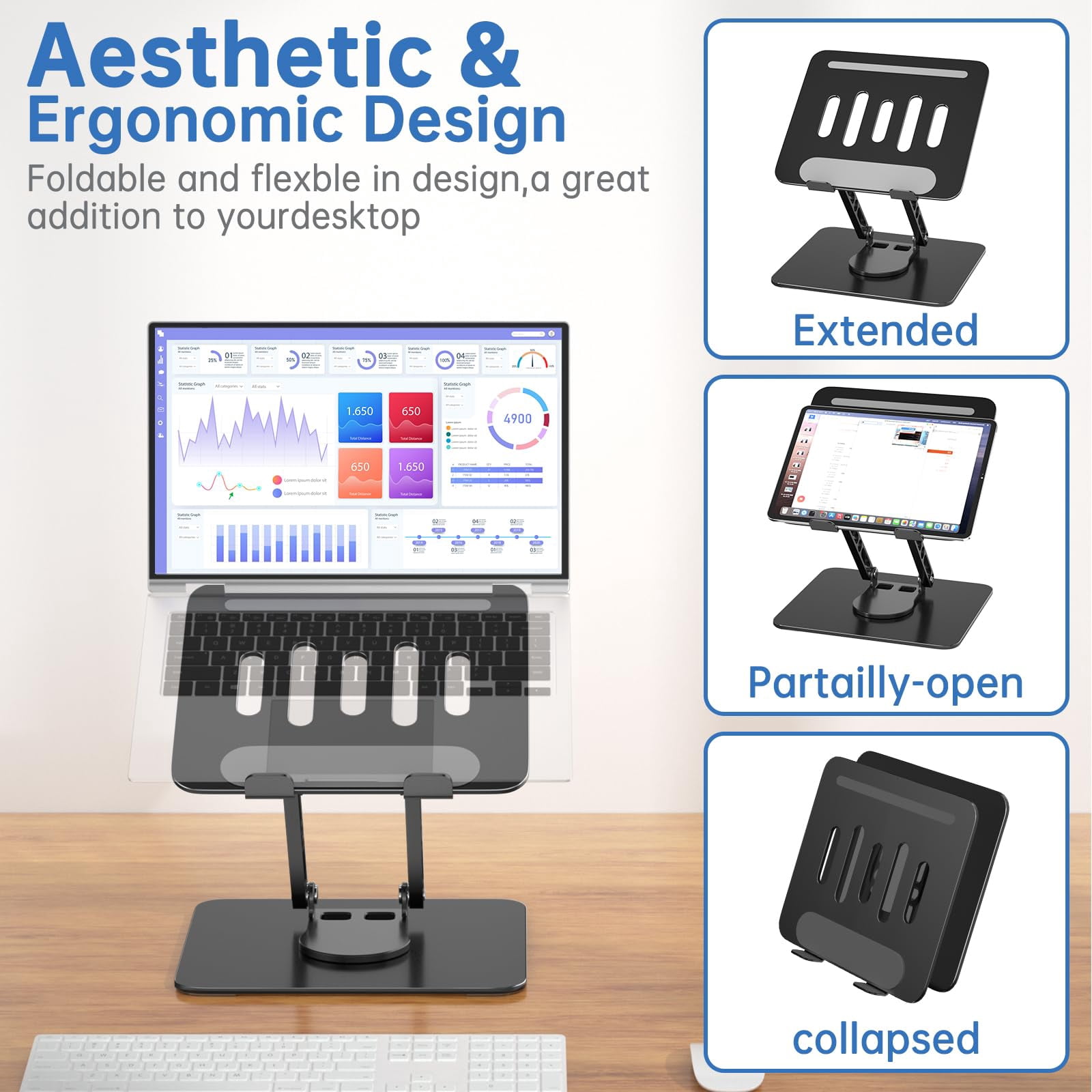 Laptop Stand For Desk Adjustable Computer With 360 Rotating Base Ergonomic Riser Mount Foldable Protable Fits Macbook Pro Air  Black