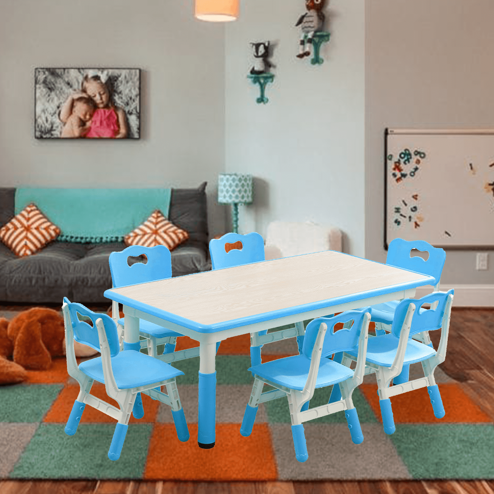 Height Adjustable Kids Table and 6 Chairs Set - Graffiti-Resistant Multi-Activity Desktop - Non-Slip Legs - Study & Craft Desk for Study Room, Home, Daycare - For Ages 2-10 - Blue