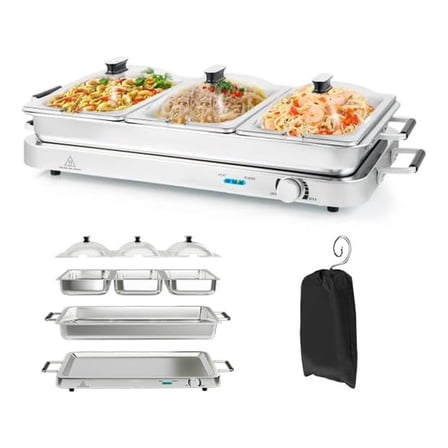 Triple Buffet Server Food Warmer, 450W Stainless Steel Electric Warming Tray, Adjustable Temperature, Transparent Lids w/Spoon Slot, 8 QT Chafing Dish Set for Parties, Banquets, Catering