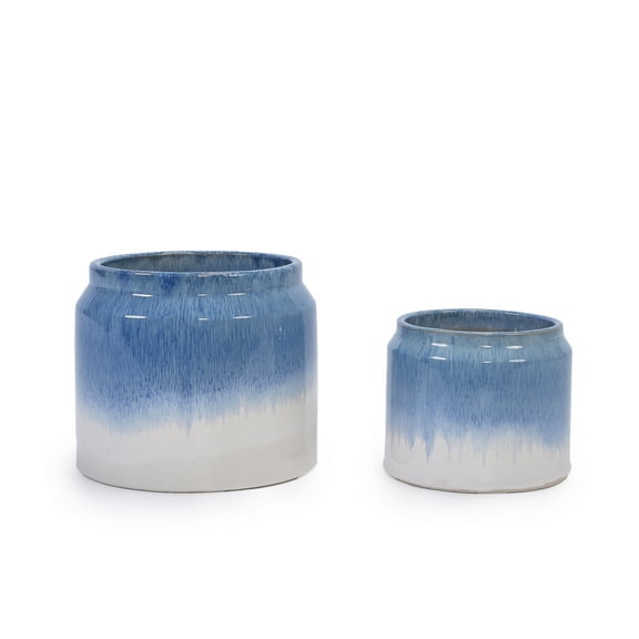 Set of 2 Gradient Ceramic Flowerpot, Modern Planter for Patio, Garden, Windowsill - White Blue
