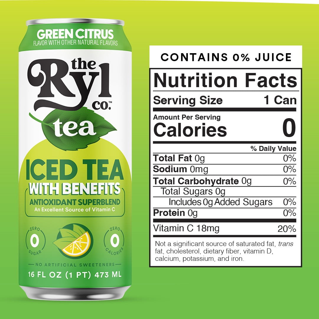 (6 pack) Ryl Iced Green Tea Citrus, Zero Sugar Antioxidant Green Tea, 16 fl oz Ready-to-Drink Can, No Artificial Sweeteners