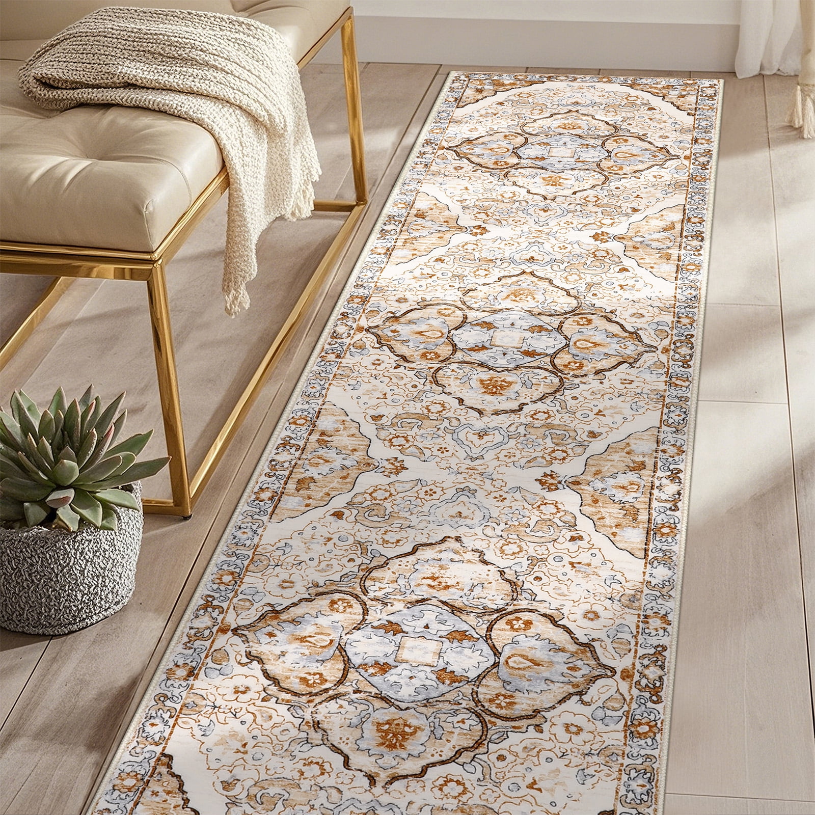MeyJey Boho Indoor Hallway Runner Rug 2'x8', Oriental Non Slip Machine Washable Area Rug Distressed Vintage Floor Carpet for Bedroom Kitchen Dinning/Living/Laundry Room, Cream/Orange
